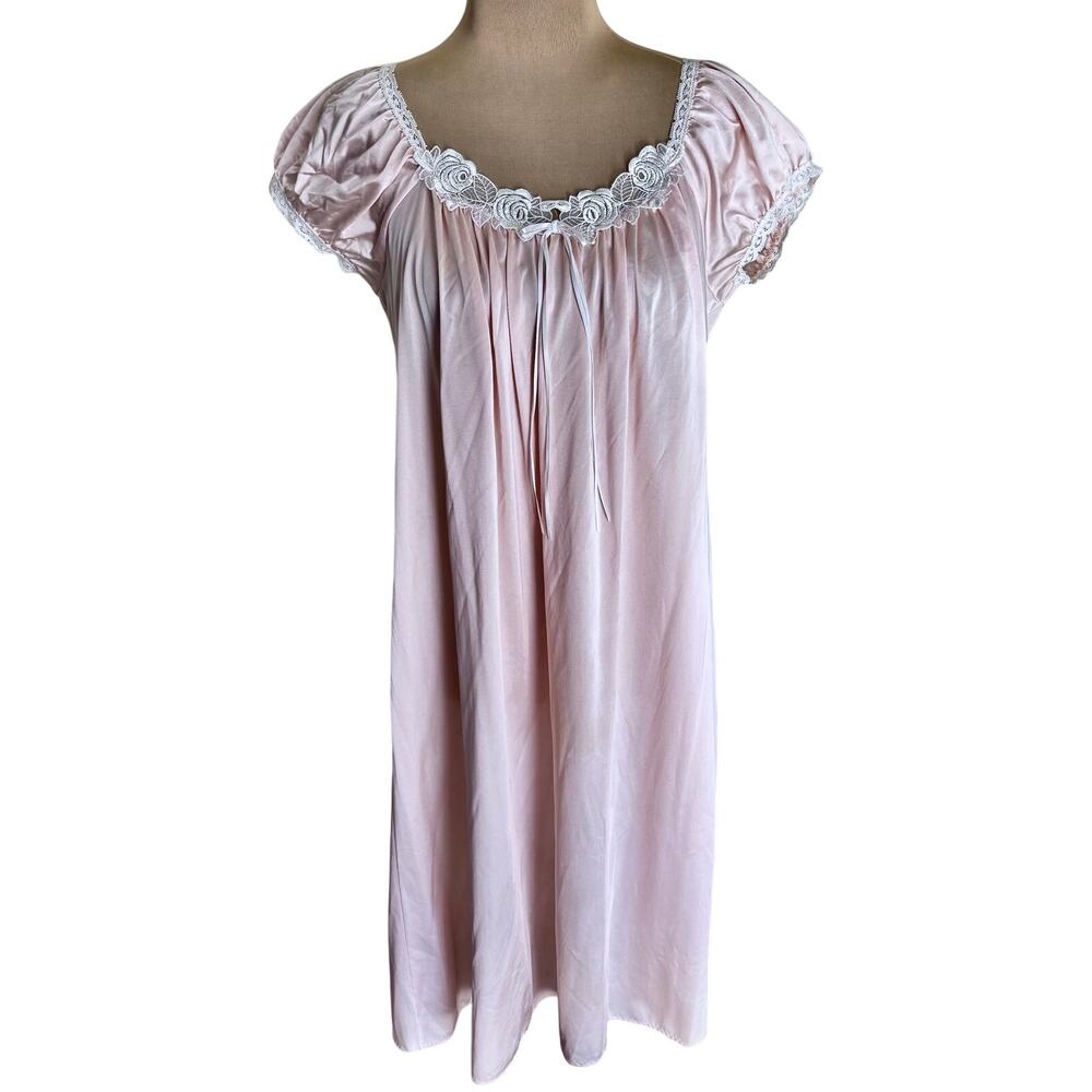 Vintage Miss Elaine Pastel Pink Nightie Lace Puffed Sleeve Midi Cottage Regency